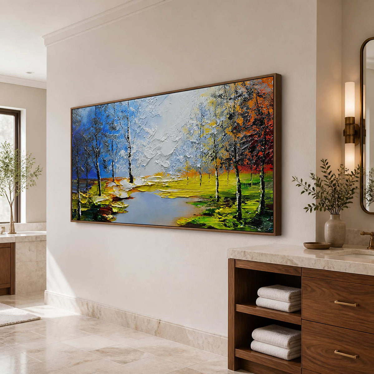 Wood framed autumn landscape painting beside a vanity in a bright bathroom dry area.