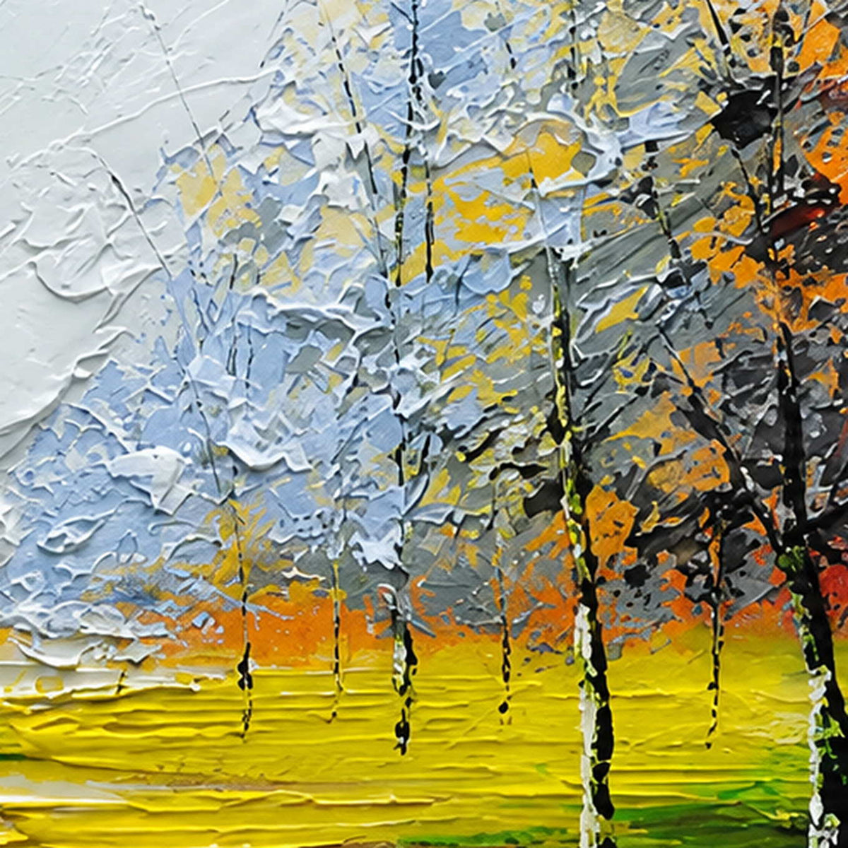 Close-up of raised yellow and white paint around slender black tree trunks.
