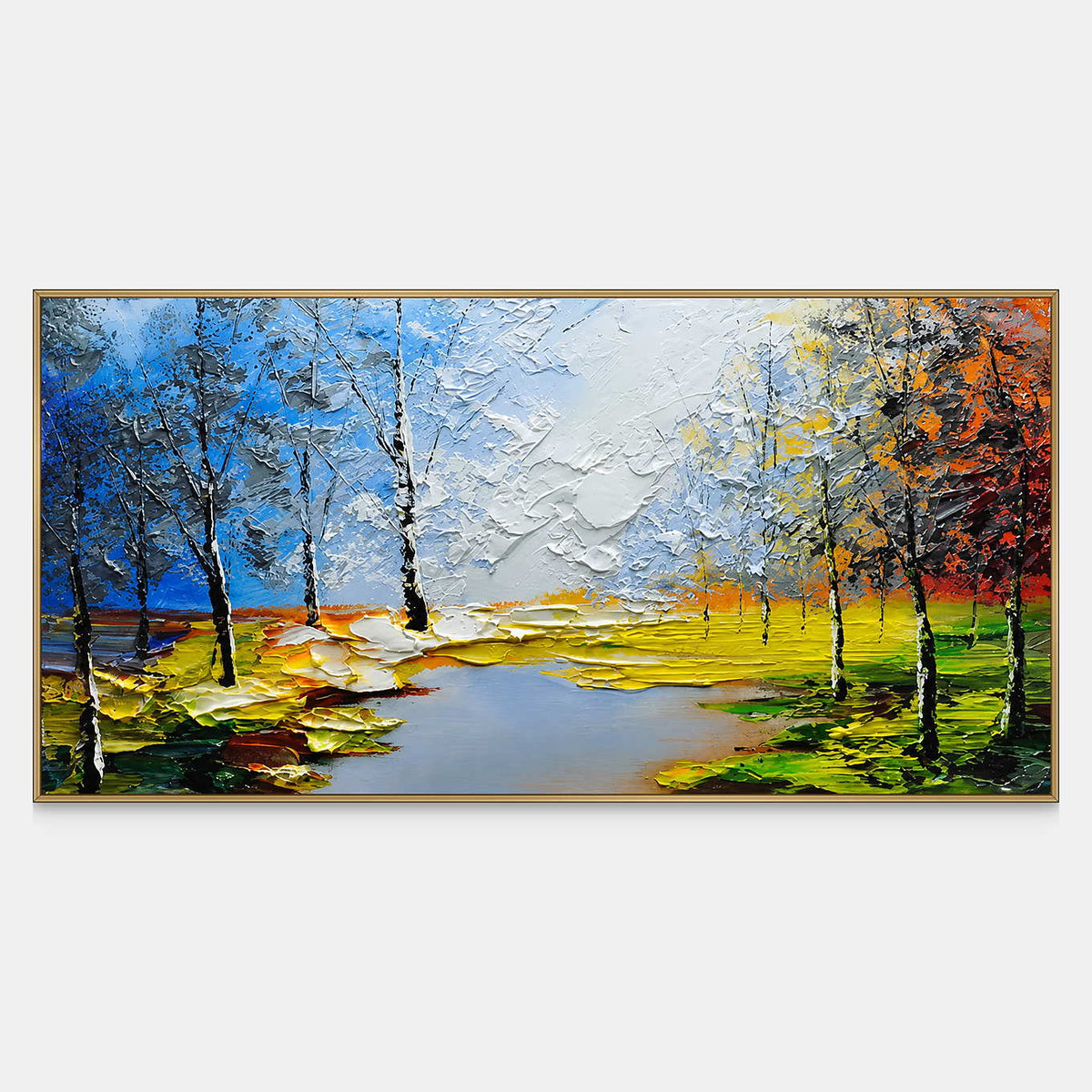 Panoramic landscape painting with slender trees beside blue water, yellow green banks, and orange foliage.