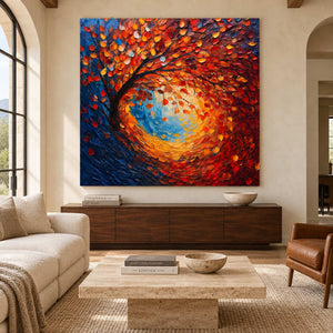 Swirling autumn tree artwork above a long brown cabinet beside a cream sofa.