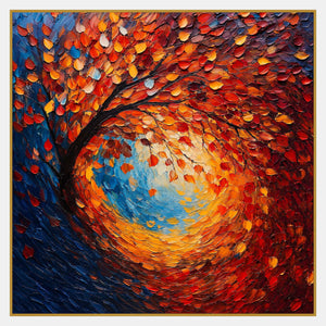 Square stylized tree with a curved dark trunk and orange-red-gold leaves circling a bright blue center.