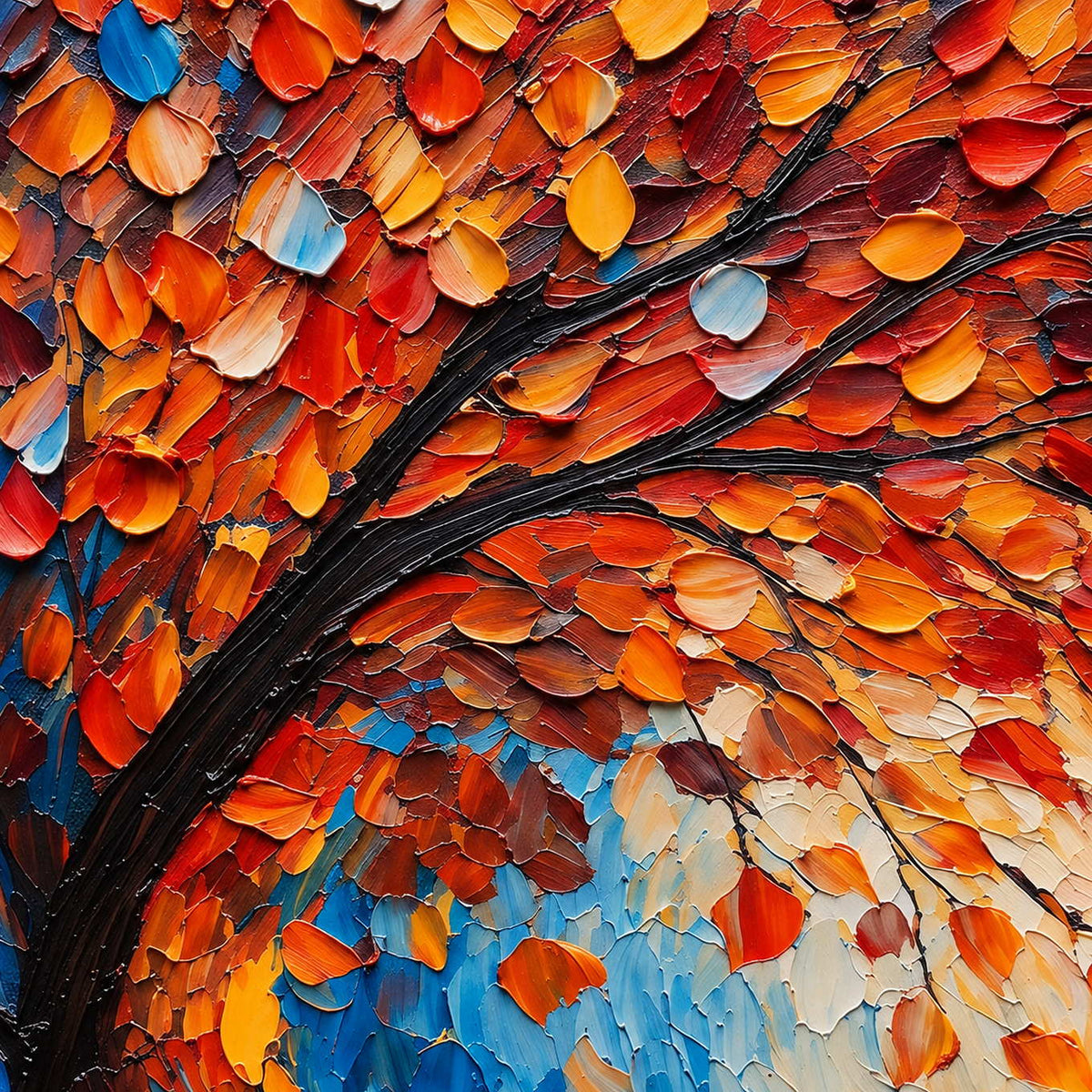Close-up of raised orange, yellow, and red leaves along a dark curved branch.