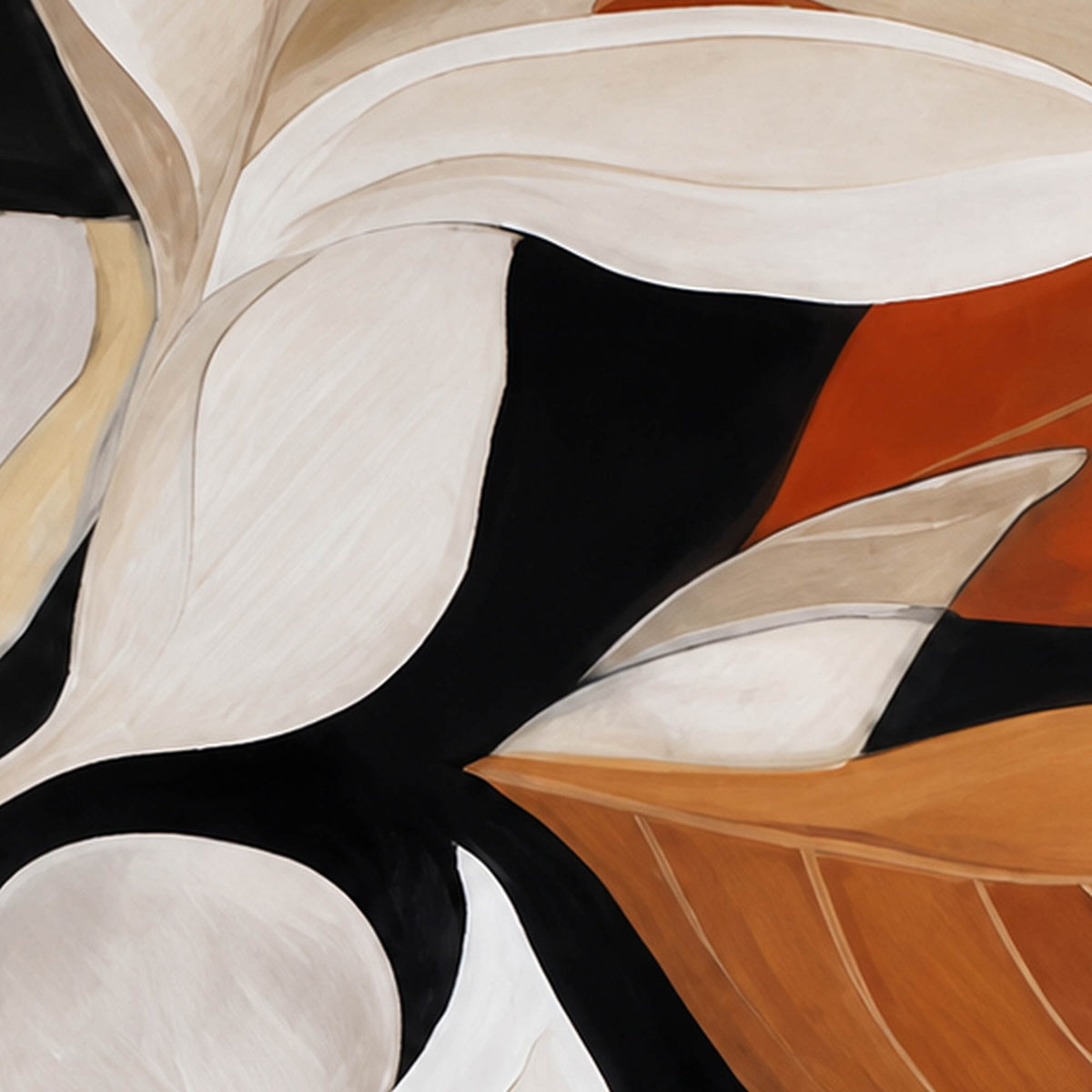 Close view of pale leaf veins and smooth cream shapes beside rust colored foliage.
