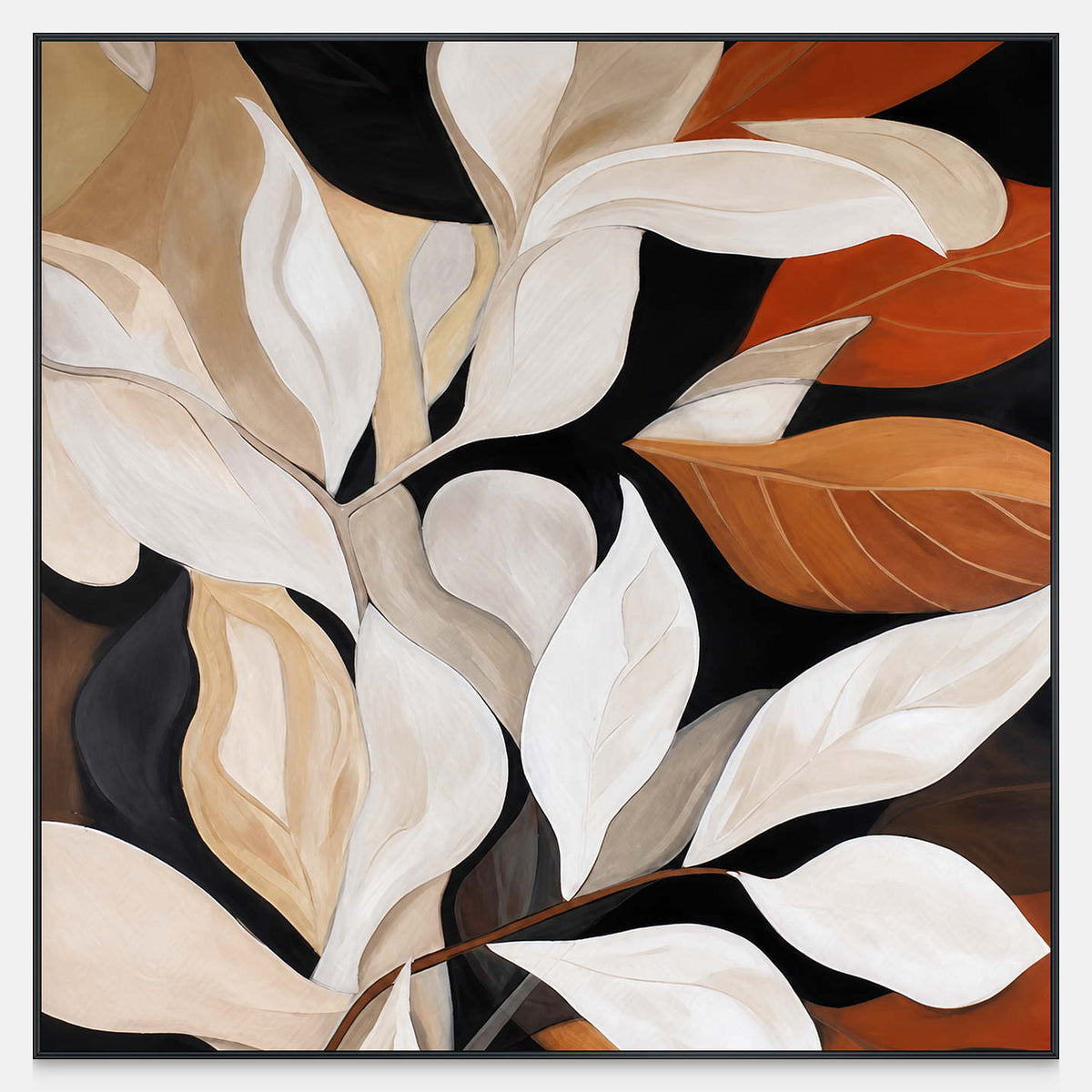 Square botanical painting with overlapping cream and rust leaves against a dark background.