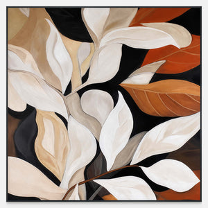 Square botanical painting with overlapping cream and rust leaves against a dark background.