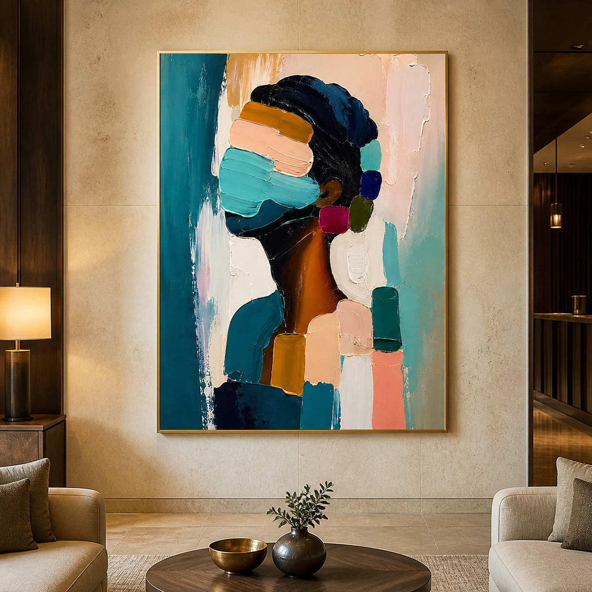 Turquoise and navy figurative artwork displayed in a boutique hotel lobby.