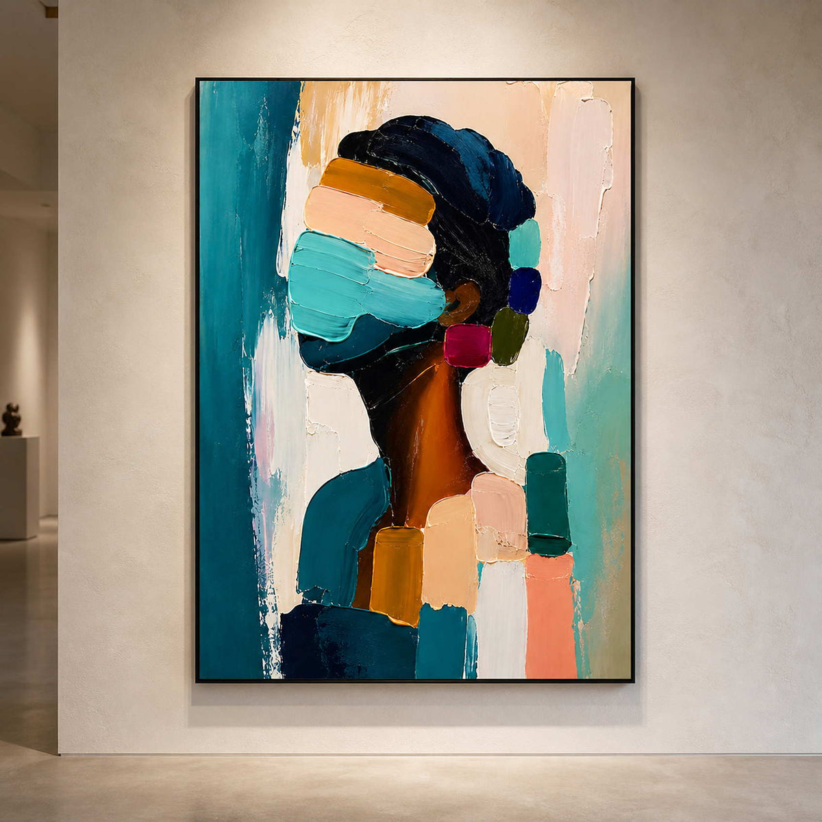 Bold figurative art viewed close-up in a contemporary gallery.
