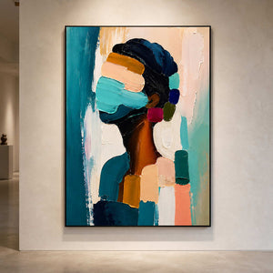 Bold figurative art viewed close-up in a contemporary gallery.