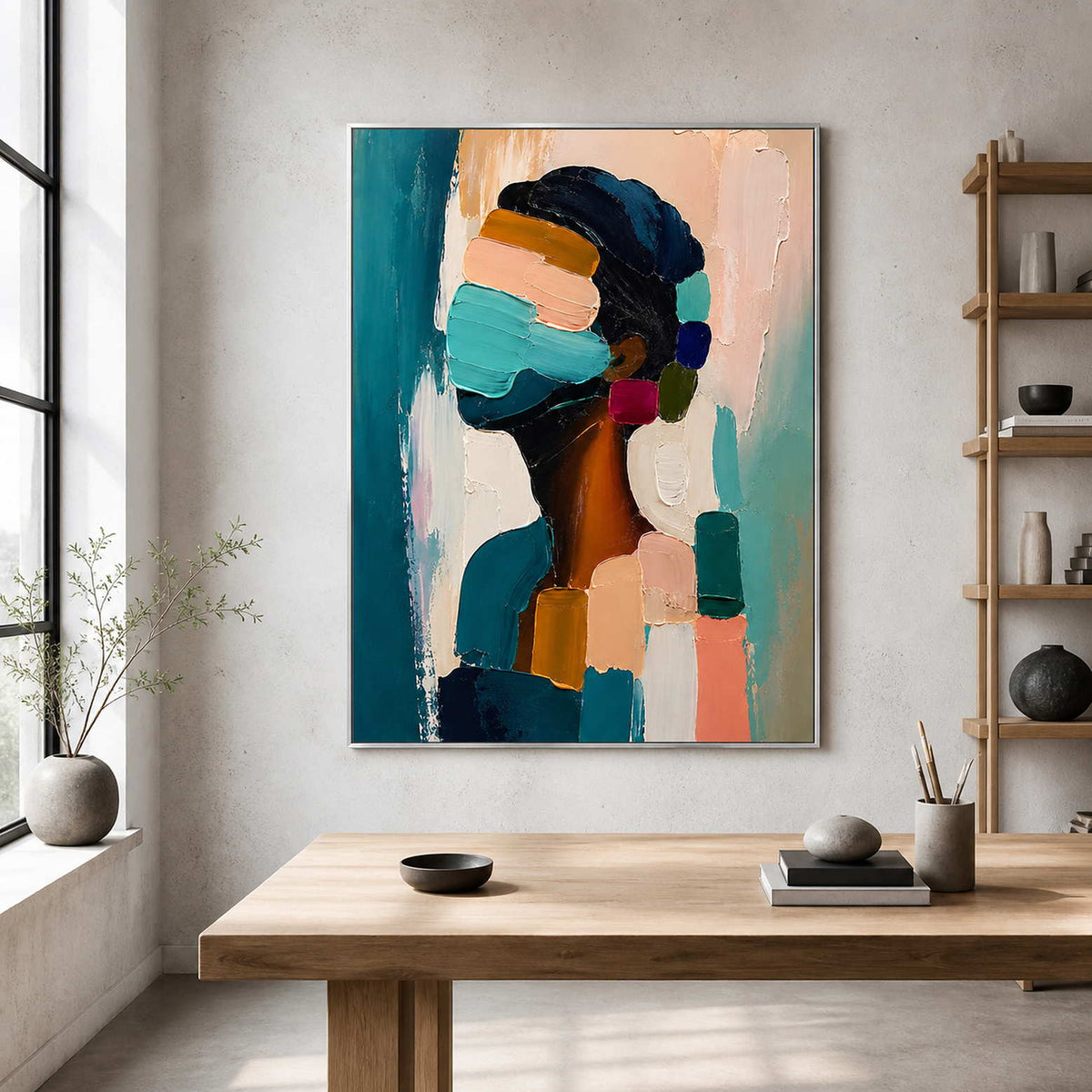 Modern textured portrait displayed in a bright creative studio.