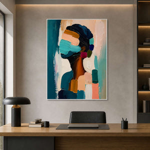 Turquoise textured portrait displayed in an executive office.