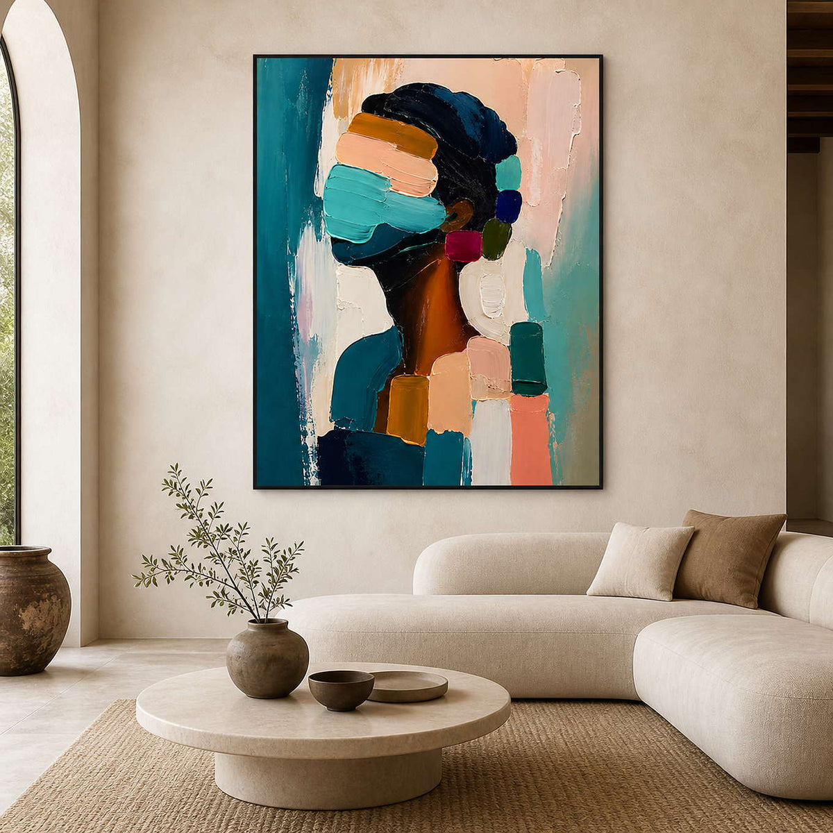 Textured figurative wall art displayed in a serene modern living room.