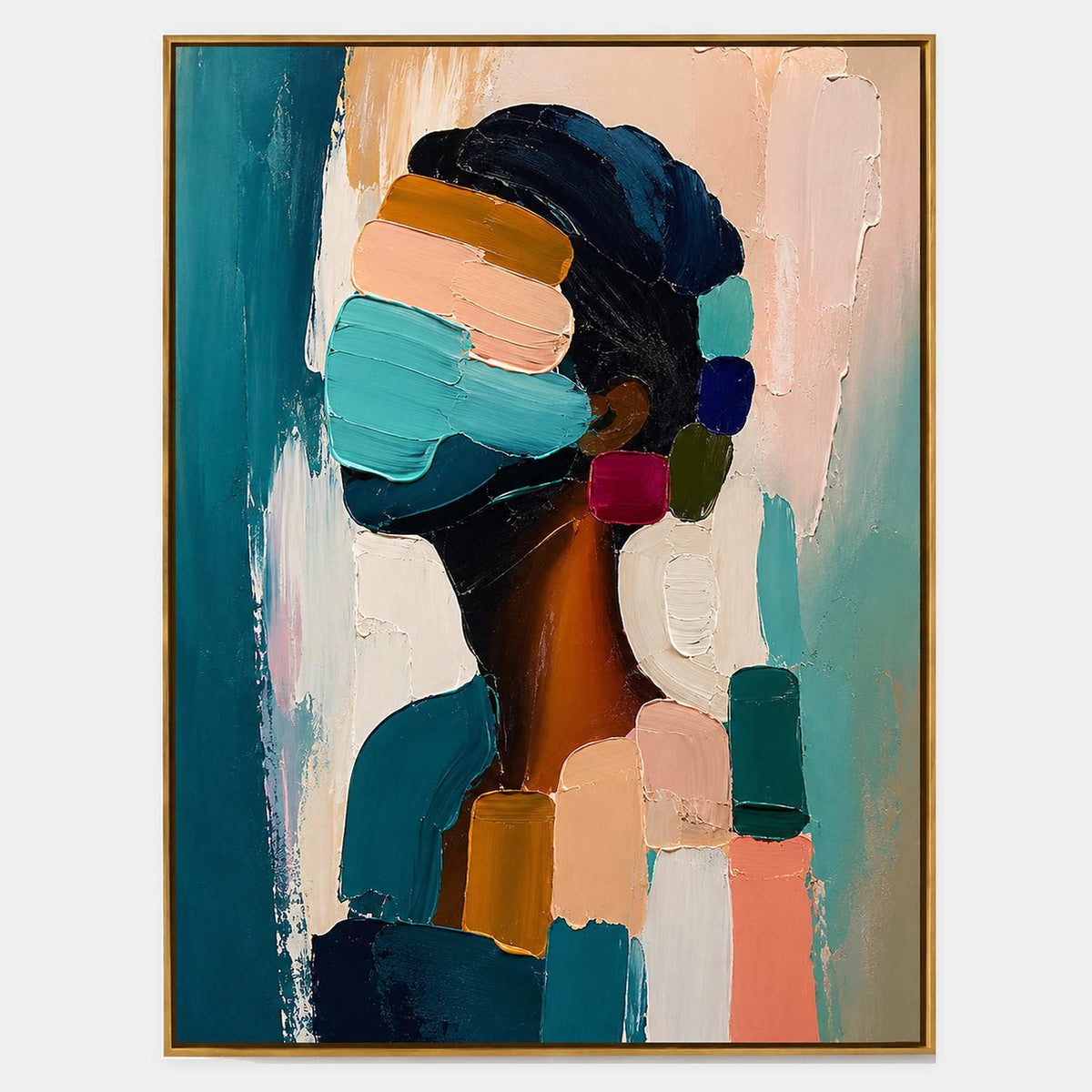 Profile portrait with a turquoise veil, deep navy hair, blush, ochre, and ivory texture.