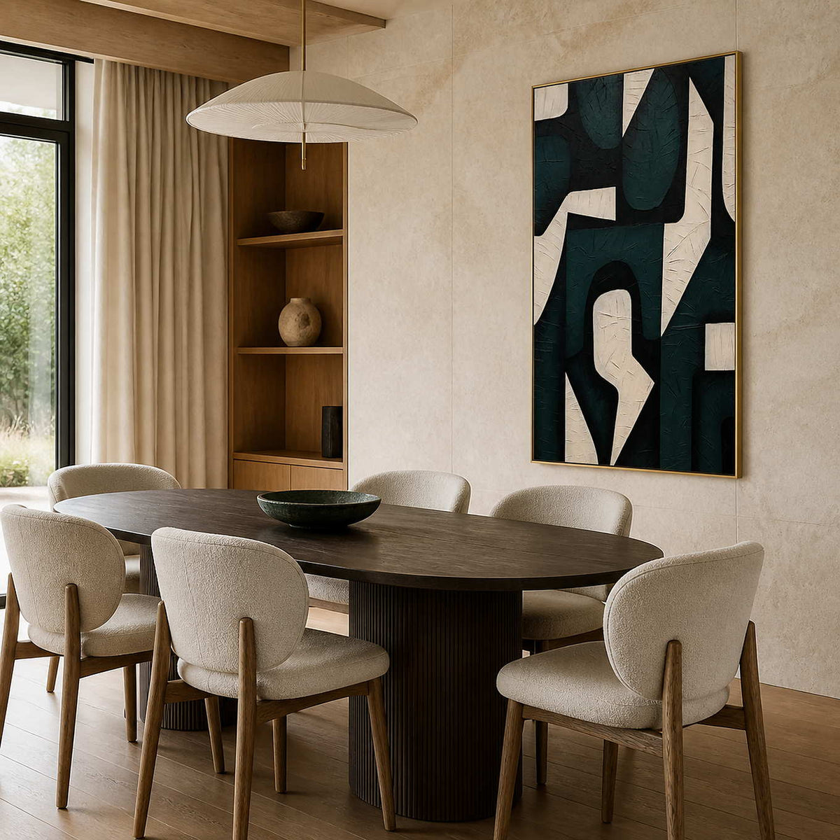 Gold framed geometric artwork beside an oval dining table and cream upholstered chairs.