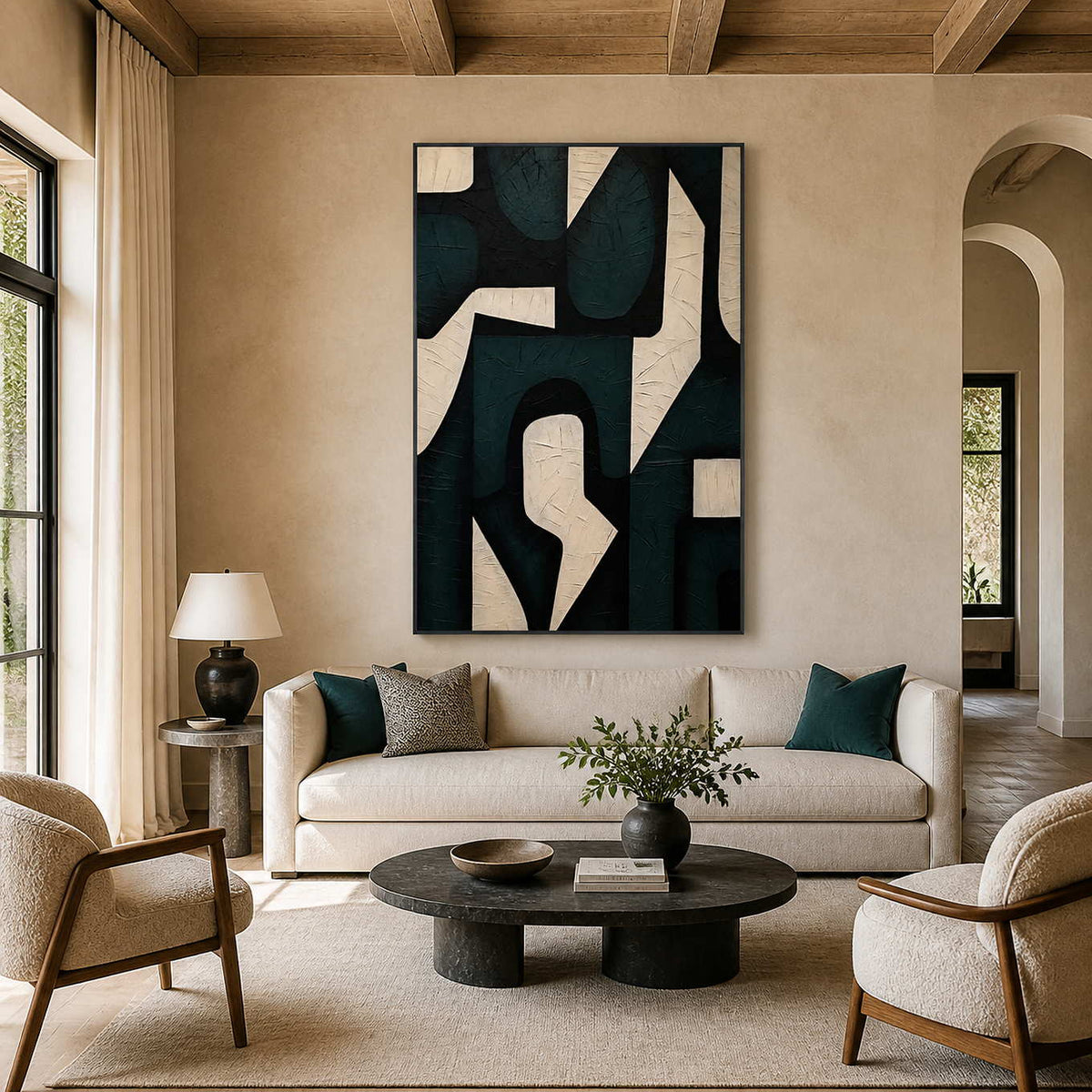 Black framed green and cream abstraction above a cream sofa with green cushions.