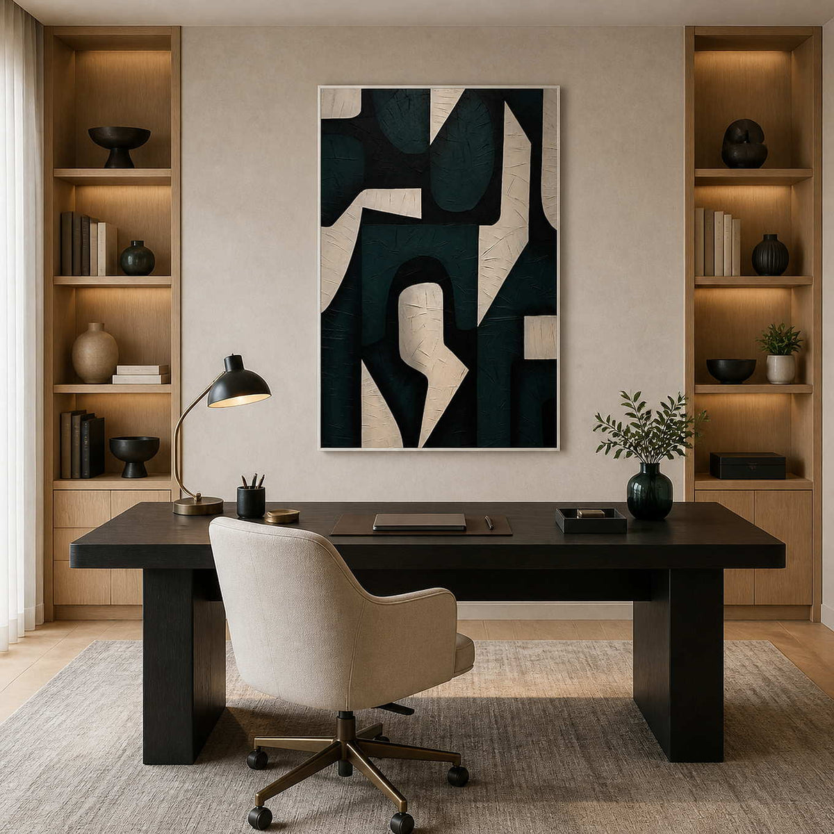 White framed green and black artwork behind a desk between illuminated wooden shelves.