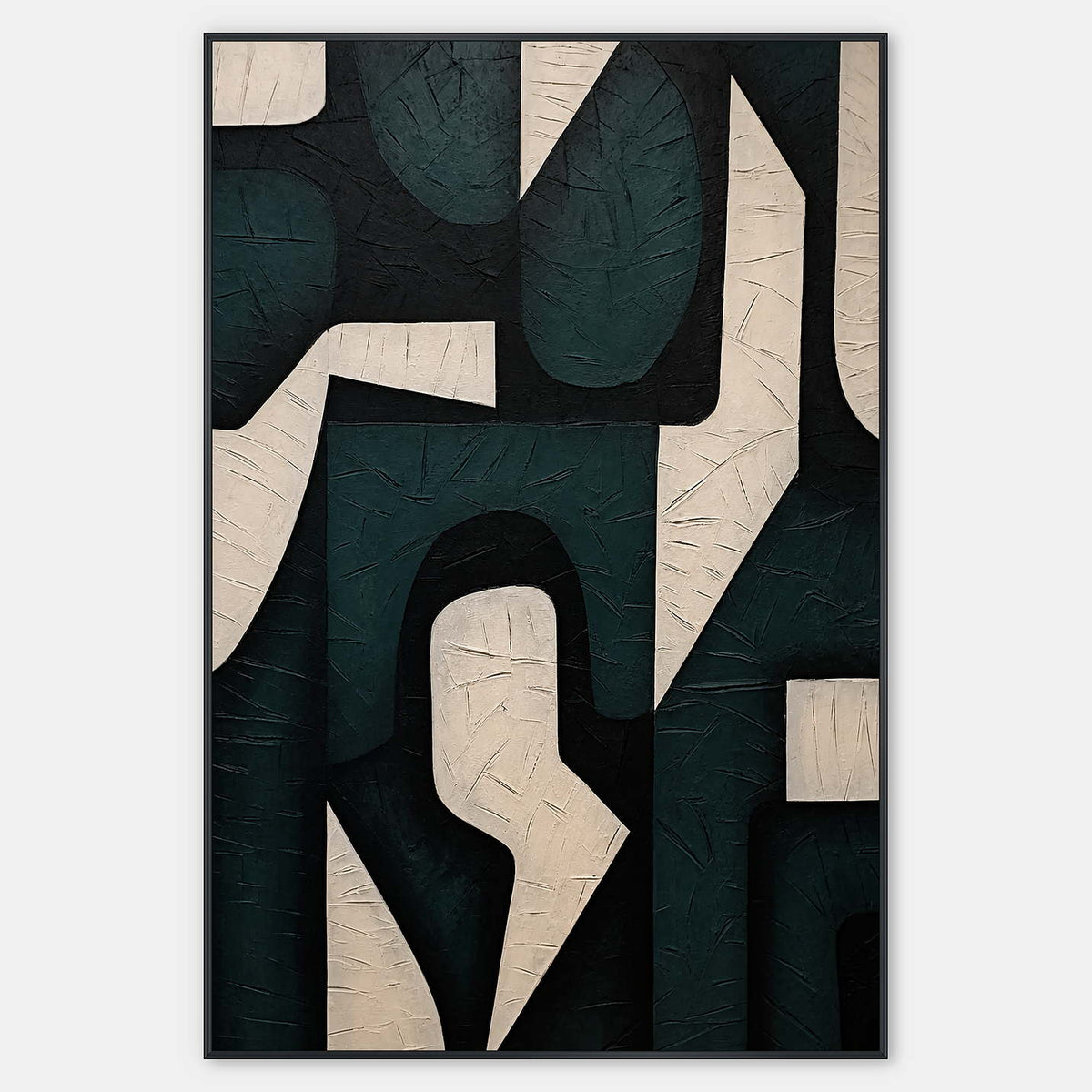 Deep green rounded shapes interlock with black and cream angular passages.