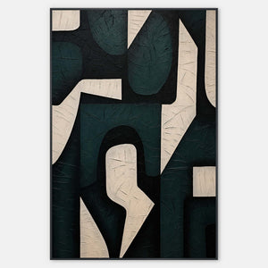 Deep green rounded shapes interlock with black and cream angular passages.