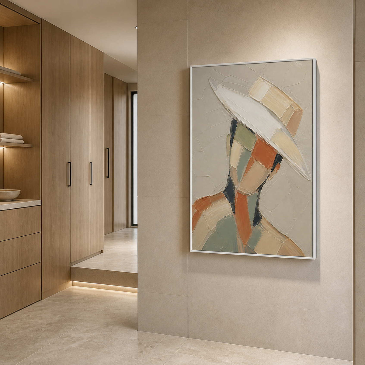 Neutral textured portrait wall art in a calm modern bathroom setting.
