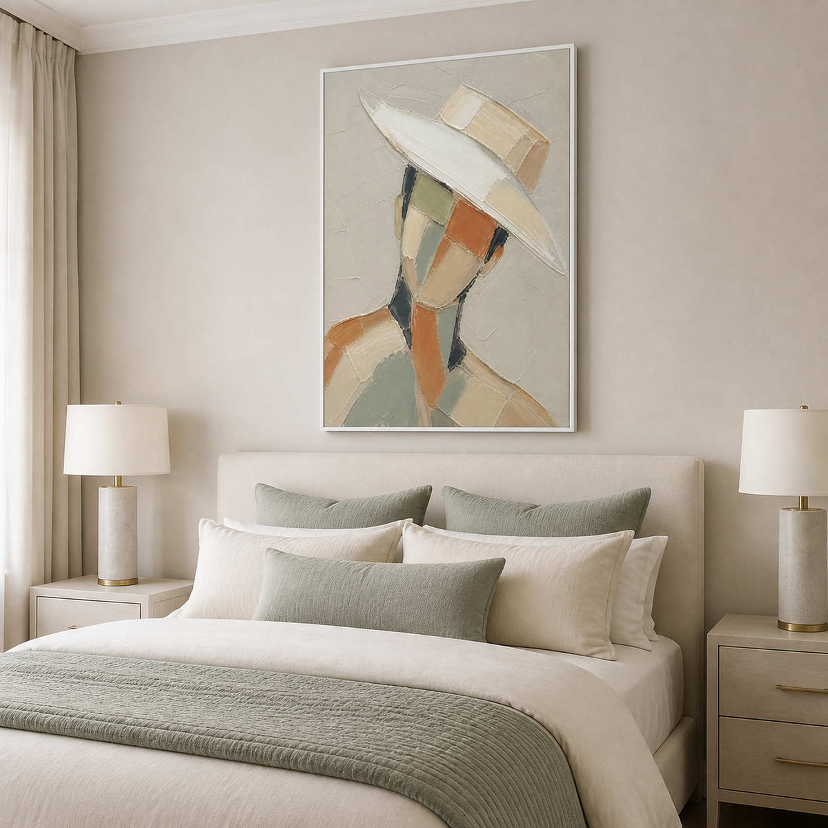 Soft neutral portrait wall art above a refined bedroom bed.