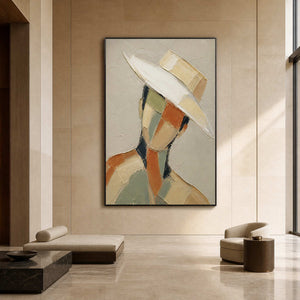 Large modern portrait wall art displayed in an upscale hotel lobby.