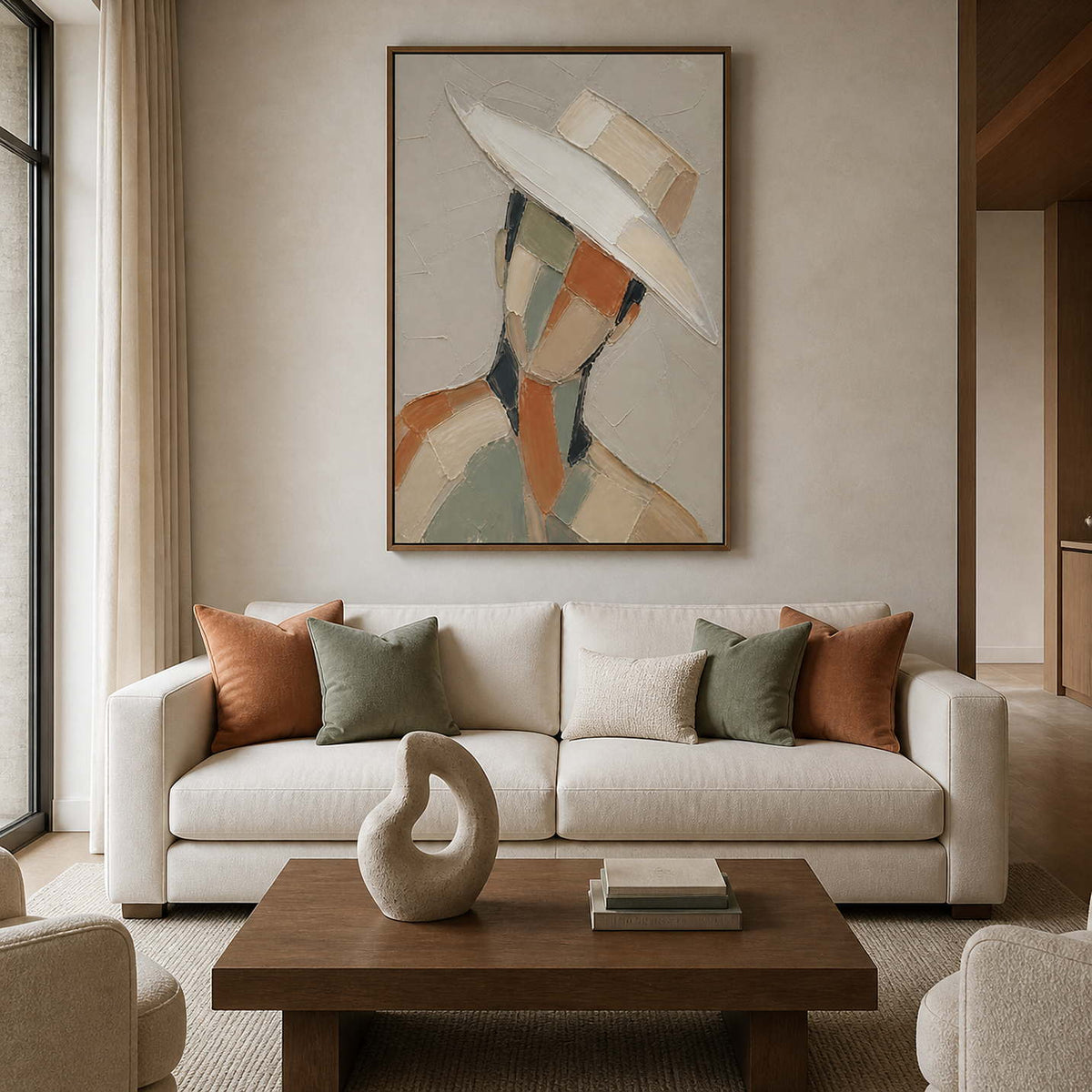 Beneath the Wide White Hat portrait in a warm modern living room.