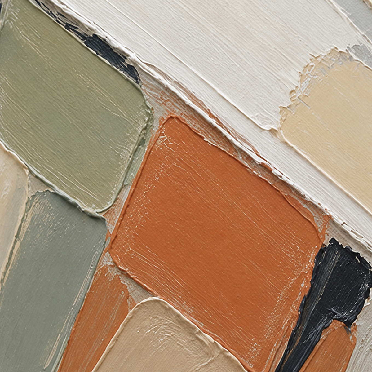 Close-up of layered sage, terracotta, cream, and charcoal palette-knife texture.