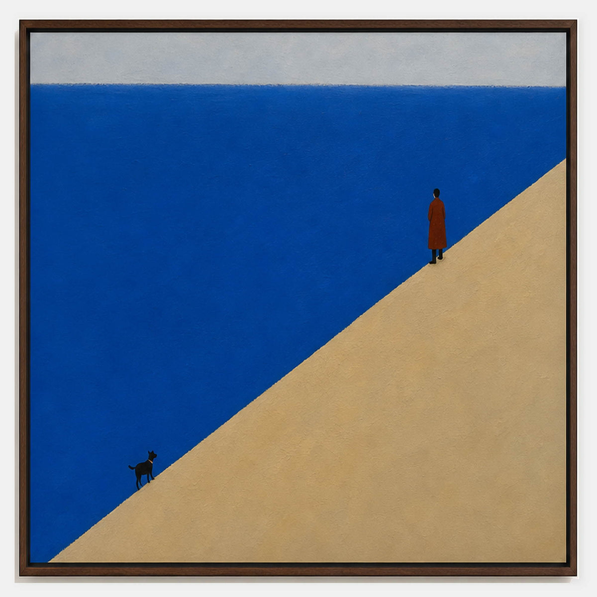 Hand-painted figure and dog canvas divided by cobalt blue and sand.