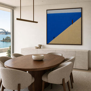 Modern coastal canvas displayed in a Sydney family dining room.