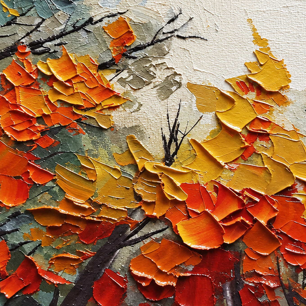 Close-up of raised orange and yellow leaf shapes with thin dark branches and a pale opening.
