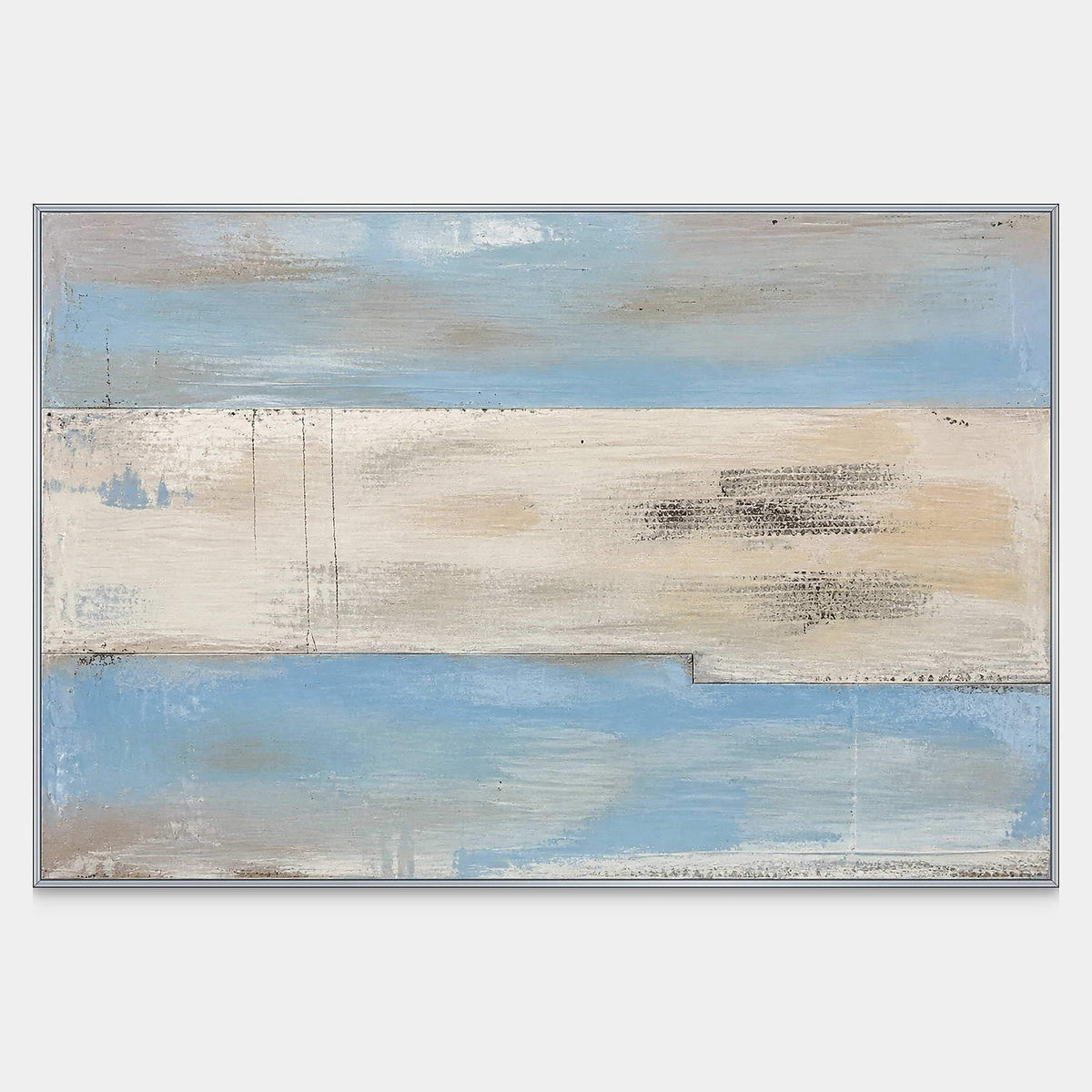 Hand-painted horizontal coastal abstract canvas with blue, ivory, sand, and charcoal bands.