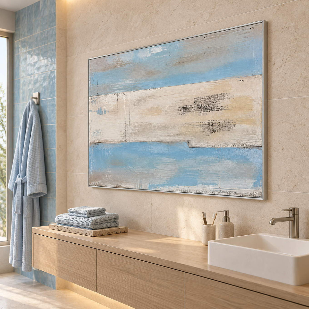 Pale blue and ivory coastal abstract painting with sand and charcoal bands in a silver frame beside a bathroom vanity.