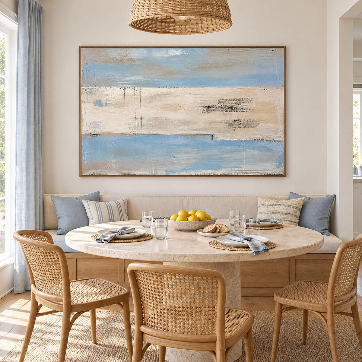 Pale blue and ivory coastal abstract painting with sand and charcoal bands in a brown wood frame in a dining room.