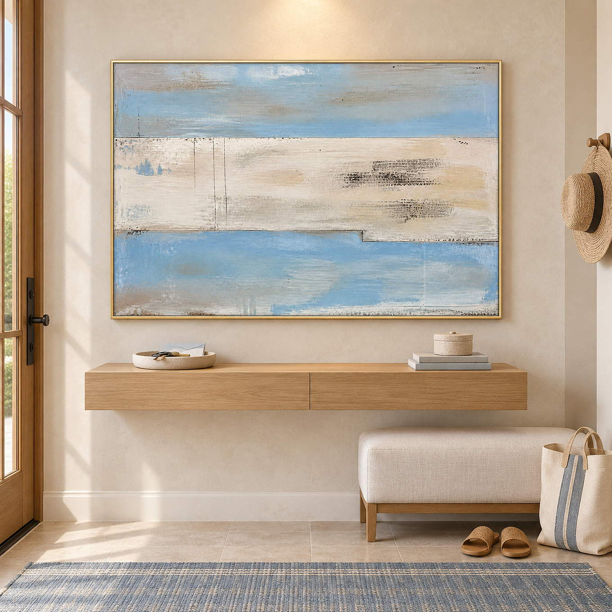 Pale blue and ivory coastal abstract painting with sand and charcoal bands in a gold frame in an entryway.