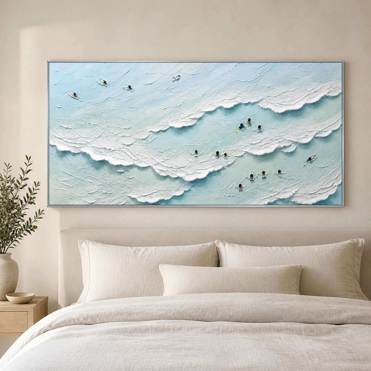 Panoramic wave painting displayed above a serene linen bed.
