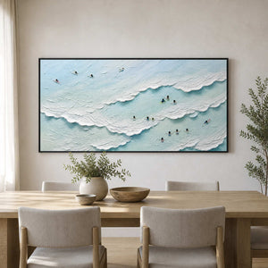Aqua ocean artwork creating a fresh focal point in a modern dining room.