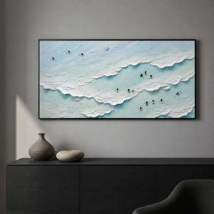 Sea-glass blue wave artwork bringing movement to a dark modern office.