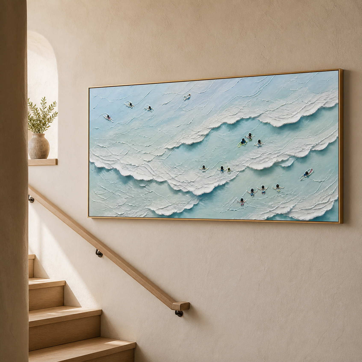 Wide coastal canvas displayed along a warm modern staircase.