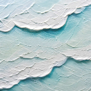 Close-up of raised white surf and pale aqua hand-painted texture.