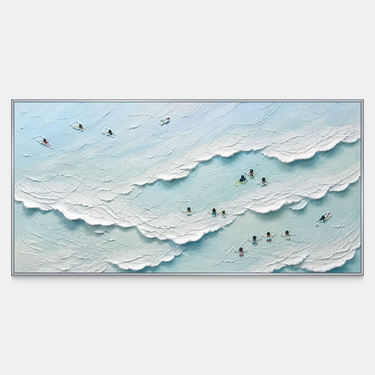 Hand-painted panoramic ocean canvas with pale aqua waves and tiny swimmers.