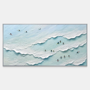 Hand-painted panoramic ocean canvas with pale aqua waves and tiny swimmers.