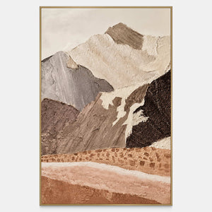 Vertical mountain artwork with raised cream, gray, and brown ridges above a warm rust foreground.