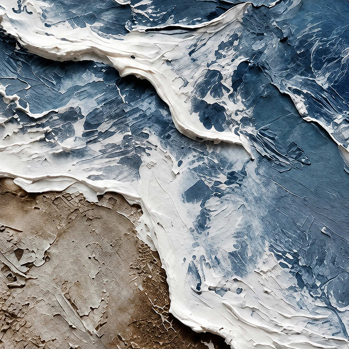 Close-up of Beyond the Shore showing ridged dark blue paint, white foam and the rough brown-gray shore.