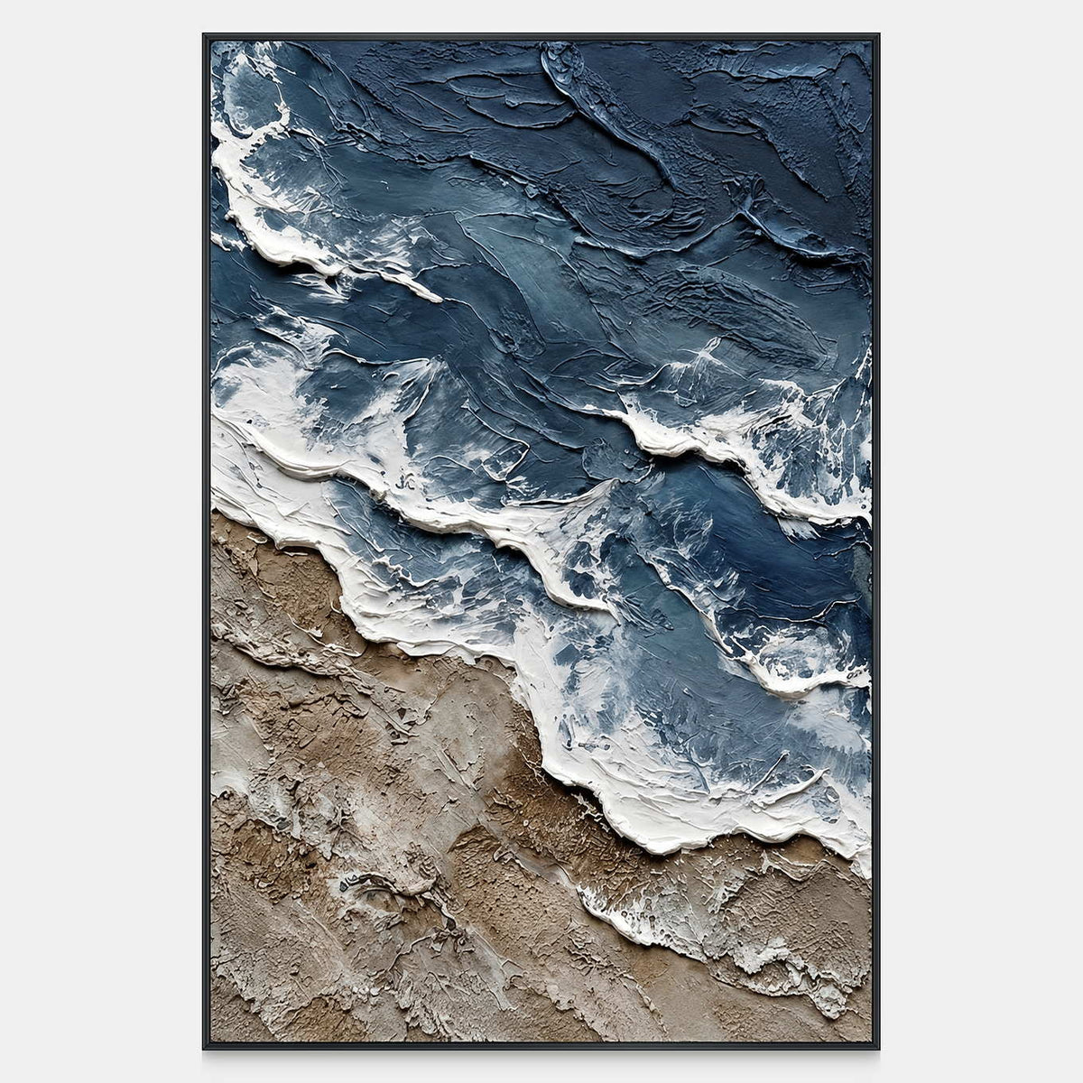 Front view of Beyond the Shore, showing deep blue water and successive white wave fronts along a textured brown shore.
