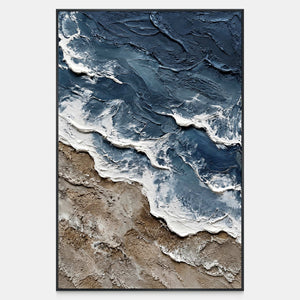 Front view of Beyond the Shore, showing deep blue water and successive white wave fronts along a textured brown shore.