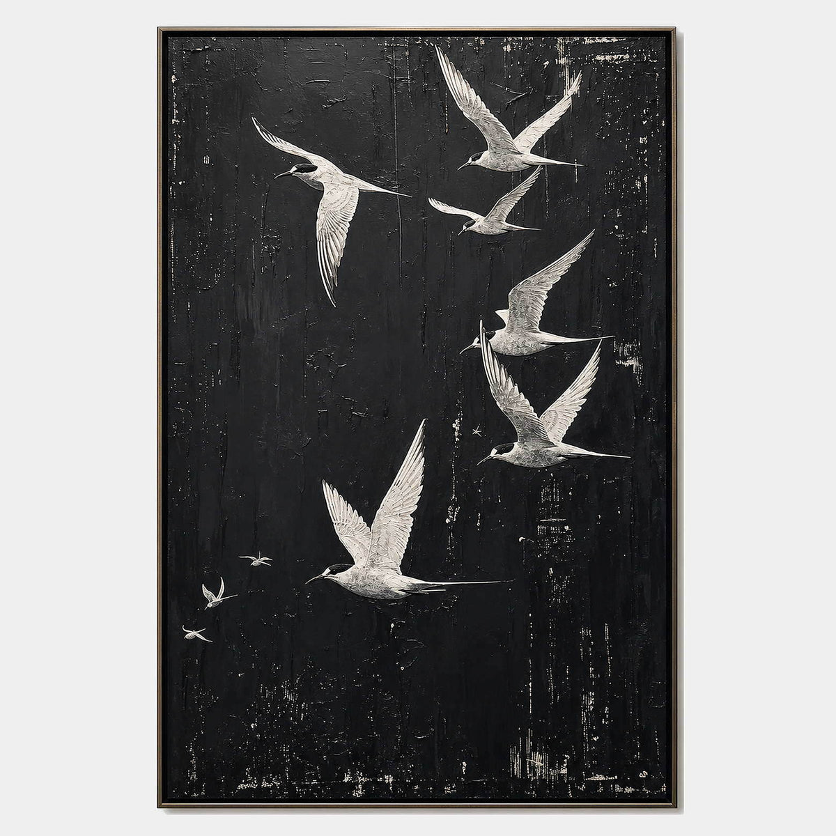 Birds over Midnight: white birds flying across a charcoal-black sky, shown in a full artwork view.