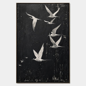 Birds over Midnight: white birds flying across a charcoal-black sky, shown in a full artwork view.