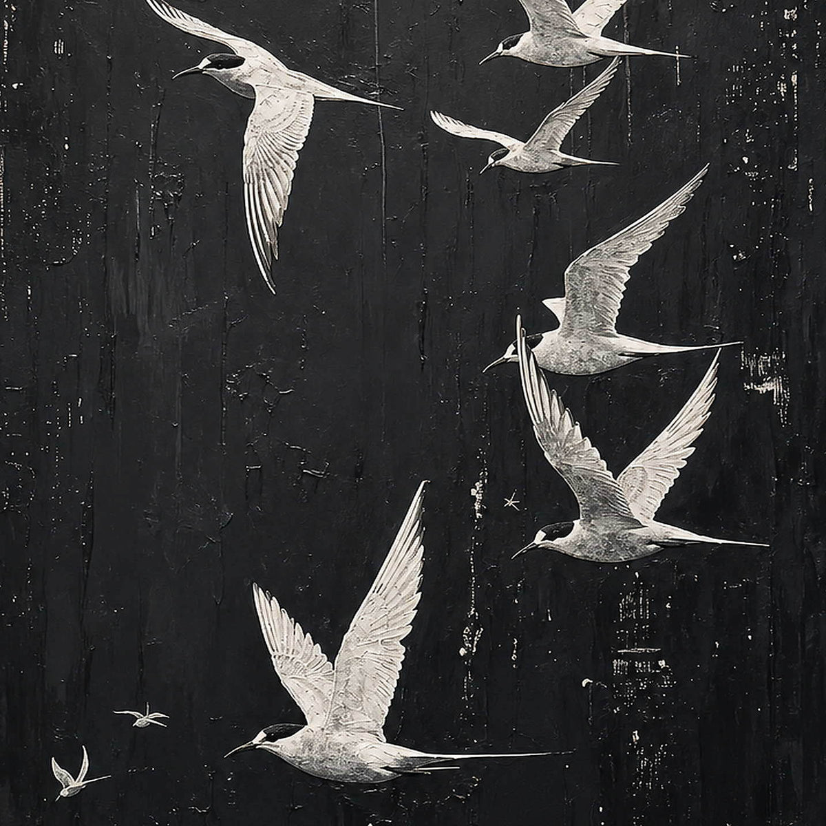 Detail of Birds over Midnight, showing the pale birds and dark textured ground.