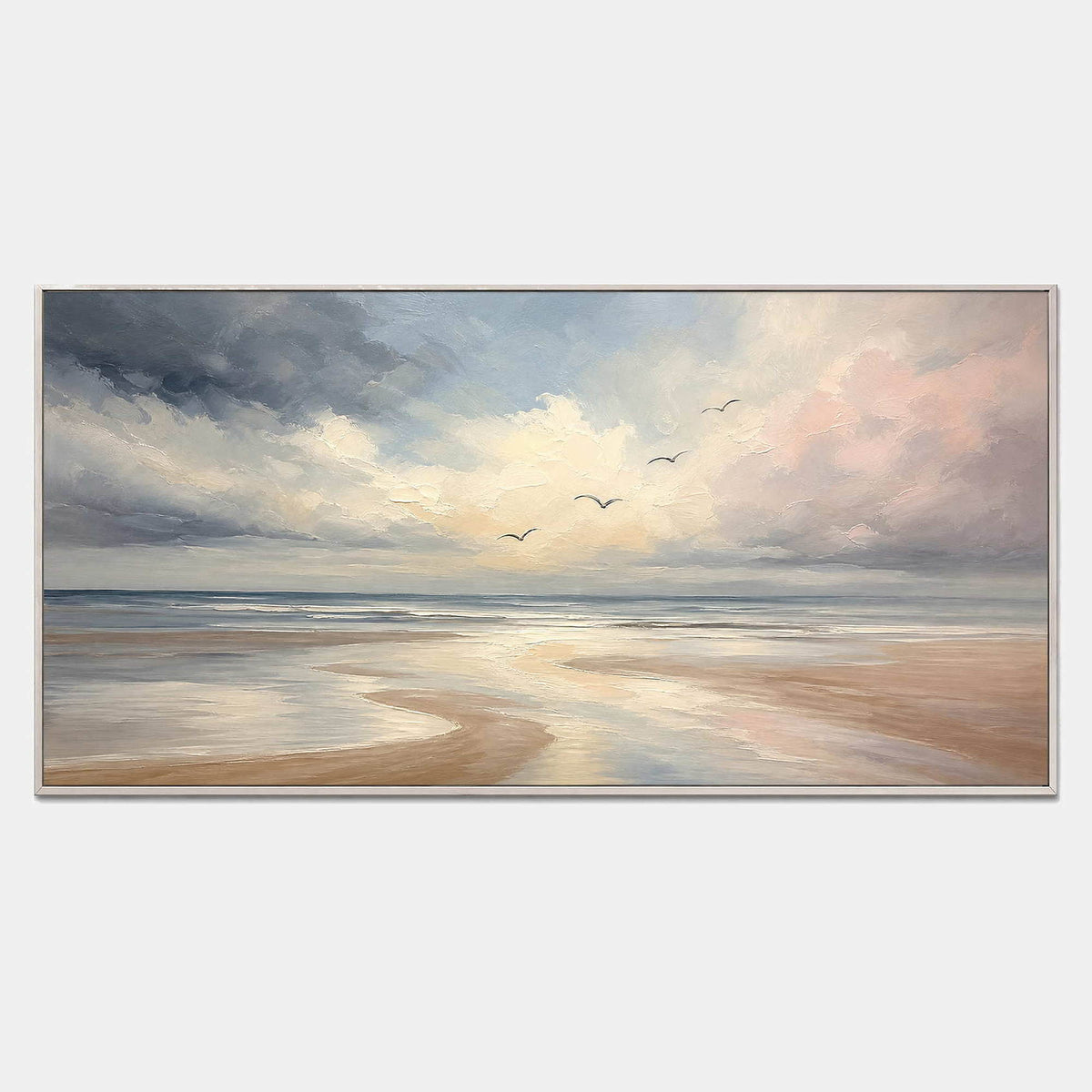 Hand-painted coastal wall art with pale blue, blush, and ivory shoreline.
