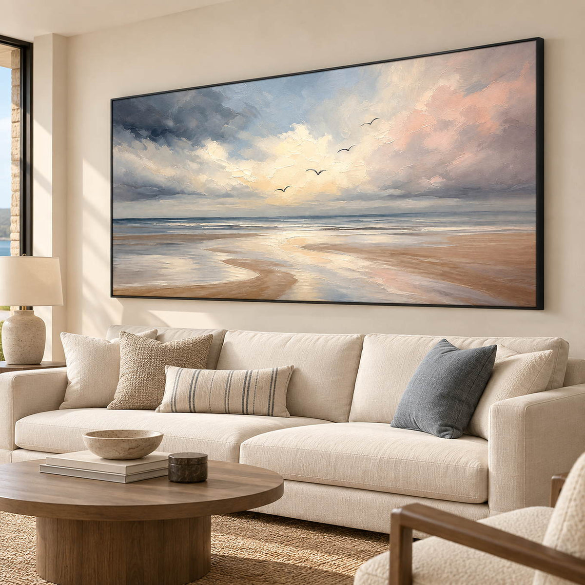 Hand-painted coastal wall art with pale blue, blush, and ivory shoreline, displayed in a lounge in a black frame.