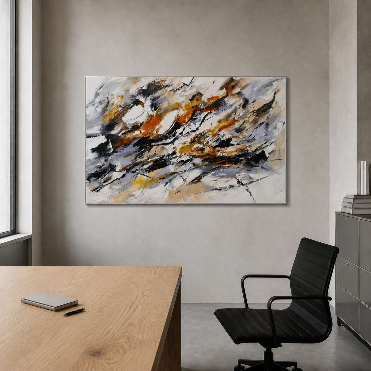 Dynamic gestural abstract wall art displayed in an architect's studio.